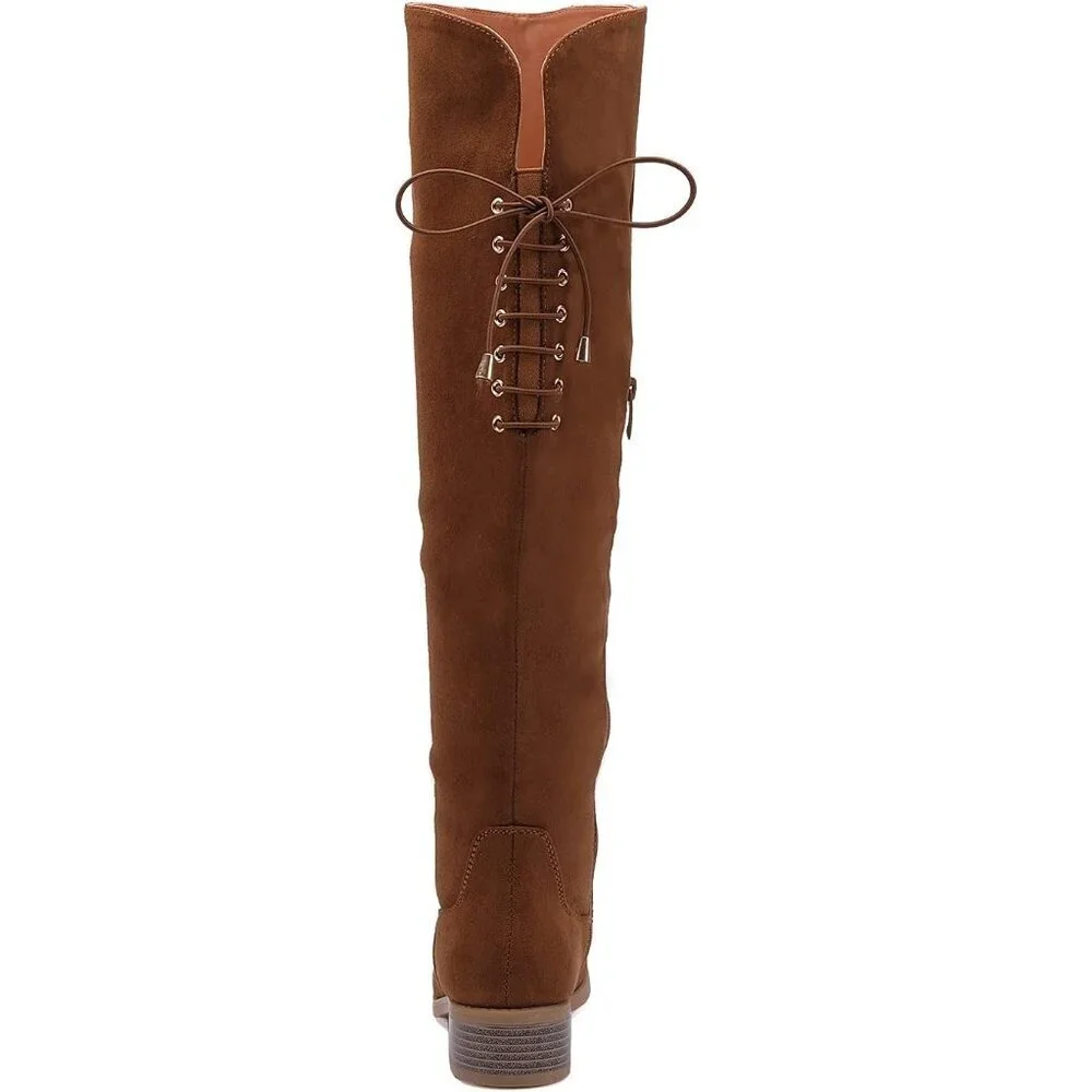 Women's Camel Faux Suede Over The Knee High Side Zip Block Heel Riding Booties